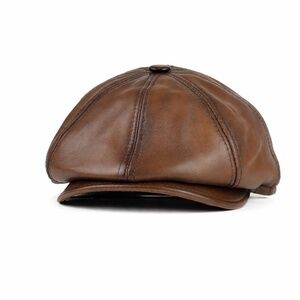 Vintage Leather Newsboy Hat Cabbie Beret Real Leather Ivy Hat Whiskey Brown